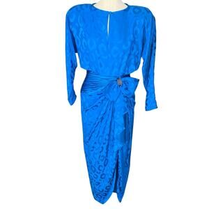 Lillie Rubin Evening Dress Womens 4 Blue Silk Animal Print Bow Midi 80s Glam